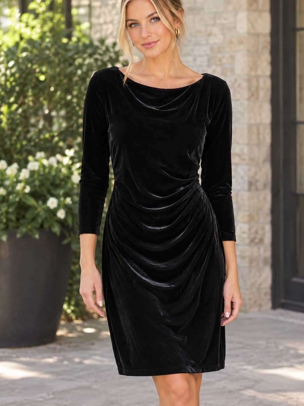 Anne Klein Black Velvet Ruched Sheath Dress